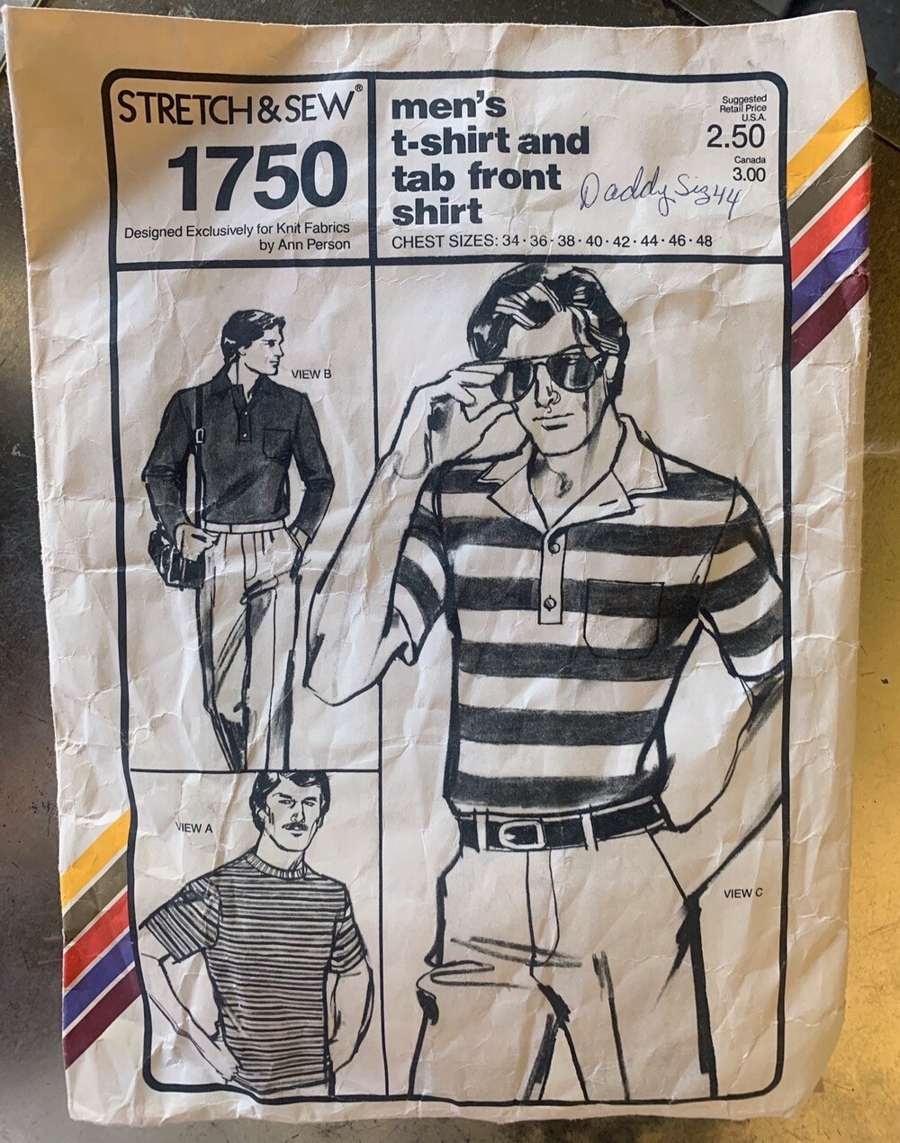 Vintage Stretch & Sew 1750 Men's T-Shirt & Tab Front Shirt Sewing Pattern